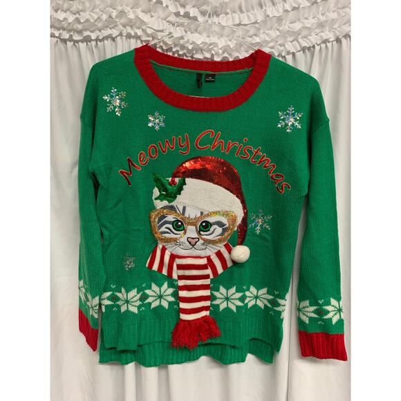 New Directions Petite “Meowy Christmas” Cat Ugly Christmas Sweater – Size PS - Picture 2 of 5